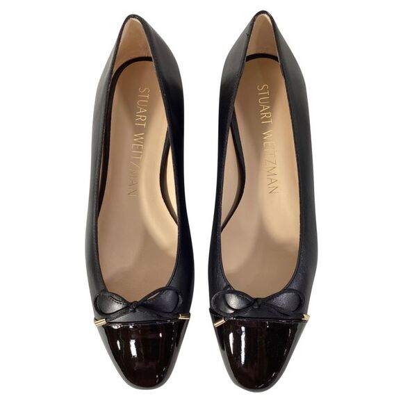 Stuart Weitzman Sleek Cap Toe Bow Flats in Black Leather